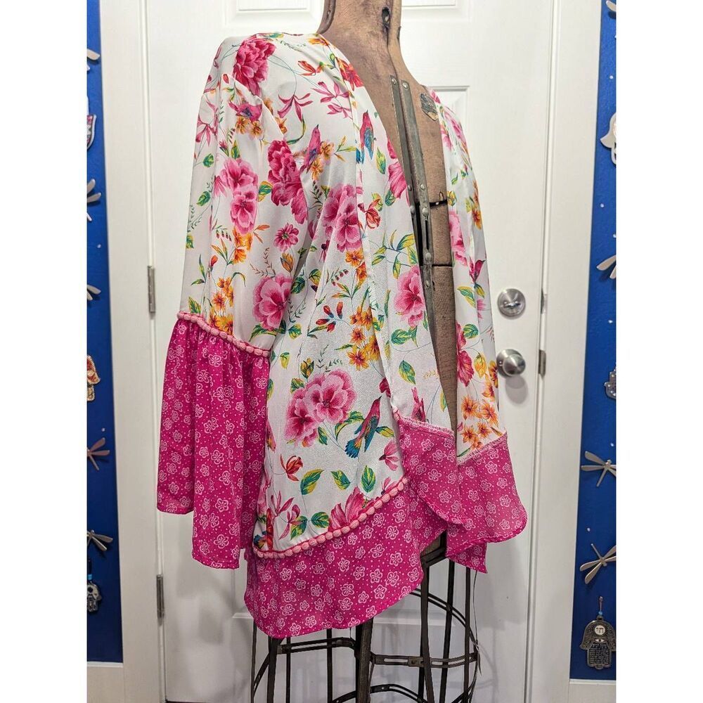 Pioneer Woman Pink Flounce Sleeve Topper Chinoserie Birds Boho Kimono L/XL NWT - Picture 3 of 15
